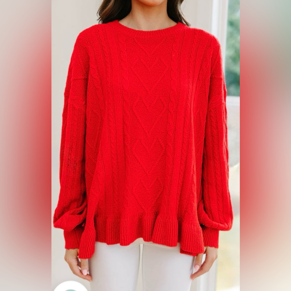 Red Ruffle Cable-Knit Sweater | Crew Neck | S | New | Mint Julep Boutique - Picture 2 of 10